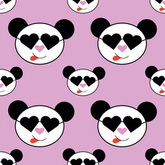 Naklejka premium vector pattern panda with heart glasses pink background