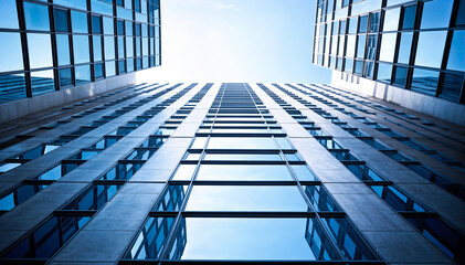 Looking up at a modern office building with blue reflective windows