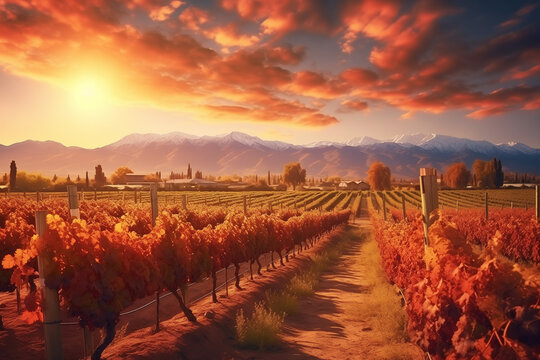Vineyard near Mendoza, beautiful landscape in autumn sunset