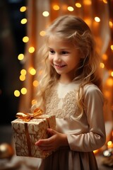 Fototapeta na wymiar A young girl stands in front of a Christmas tree, holding a brightly wrapped present