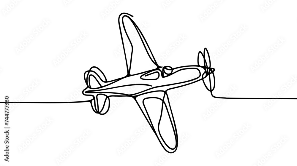 Wall mural Small plane flying in the sky in one continuous line art drawing style.