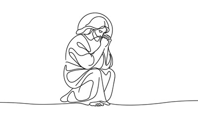 Vector image of Jesus praying in one continuous line on a white background.