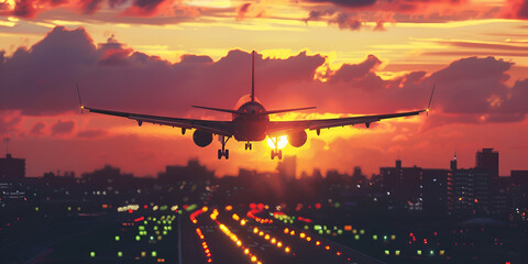 airplane in the sunset, Aircraft landing at sunrise, Aircraft landing at sunrise sunset scene