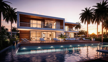  A luxurious two-story house with a pool and a beautiful view of the sunset