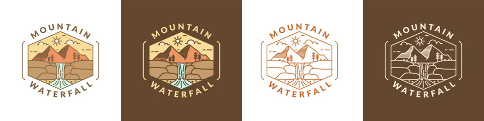 illustration of mountain and waterfall outdoor monoline or line art style