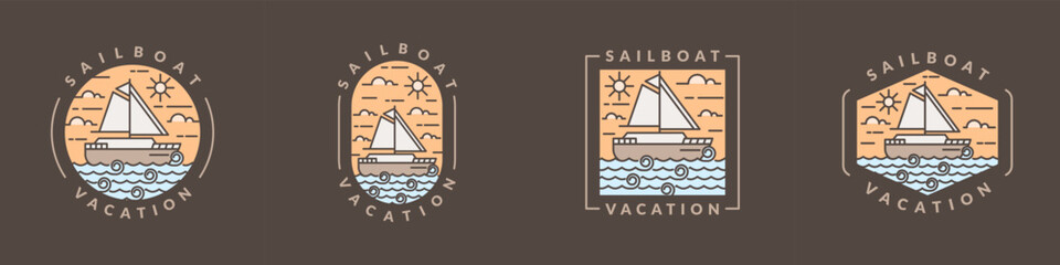 illustration of sailboat and ocean monoline or line art style