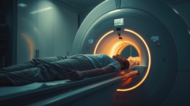 A patient lies still in an MRI machine, with calming orange lighting, during a diagnostic imaging procedure in a contemporary medical facility.

