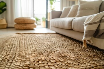 Interior decoration with an eco-friendly jute rug brings natural texture to the home living room - obrazy, fototapety, plakaty