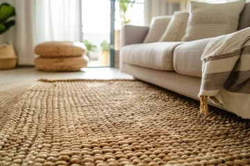 Fotobehang Interior decoration with an eco-friendly jute rug brings natural texture to the home living room © Superhero Woozie