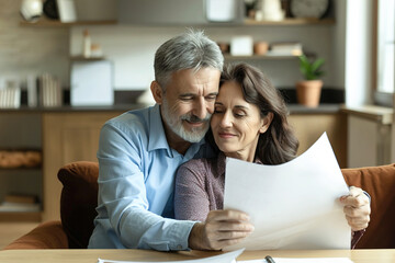 A couple embraces tenderly while reviewing life insurance policies, signaling reassurance and preparedness for life's uncertainties. - obrazy, fototapety, plakaty