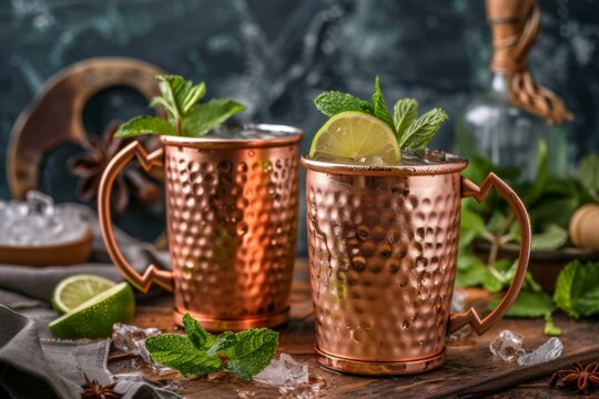 Copper Moscow Mule beverage cocktail in shiny textured mugs with lime and mint