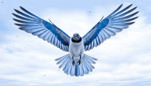 close up of blue jay soars over in the sky with open wings and blue sky