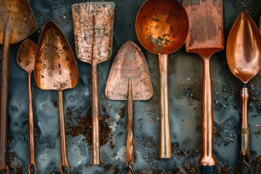 Copper gardening tools with trowel shovel and fork on a rustic metallic background