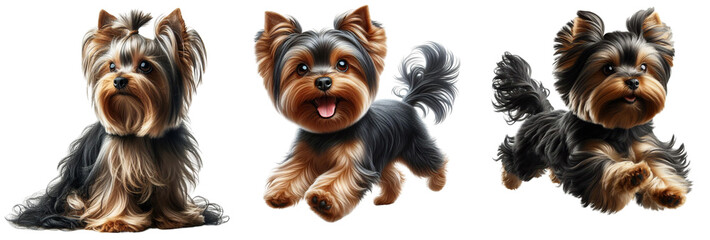 Cut-Out Set of Yorkshire Terrier: Happy, Sad, Playing, Jumping, and Running on Transparent Background, Detailed PNG, High Quality, Ready for Your Project - obrazy, fototapety, plakaty