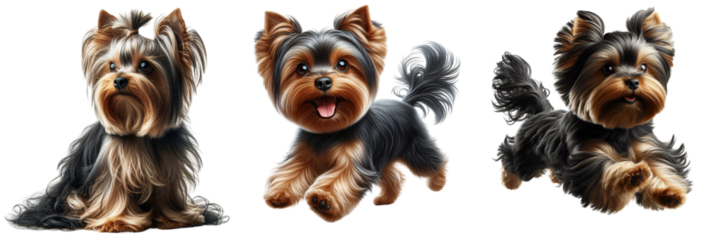 Cut-Out Set of Yorkshire Terrier: Happy, Sad, Playing, Jumping, and Running on Transparent Background, Detailed PNG, High Quality, Ready for Your Project
