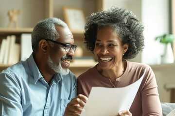 A senior couple smiles at each other while holding insurance papers, lifetime of security and protection.
