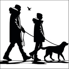 Black Silhouette of a people man walking the dog in winter or autumn jacket