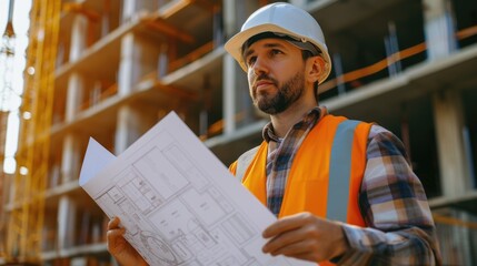 The construction worker wearing a helmet and sporting a beard is studying a blueprint at the building site. AIG41 - obrazy, fototapety, plakaty