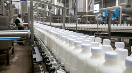 Obraz premium Milk bottles filling line in a dairy product factory plant