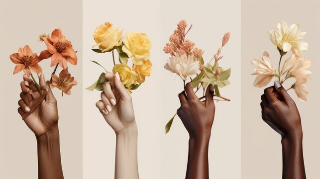 Collage of female hands holding different flowers on a light background. International Women's Day concept. Diversity Concept
