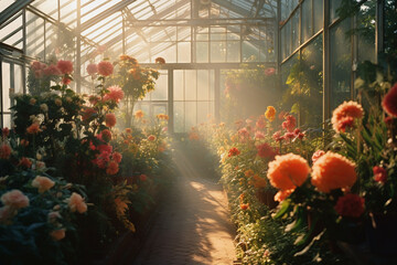 Nature, plants and flowers concept. Big with flowers and greenery orangery or greenhouse full of morning mist and illuminated with sunlight