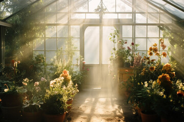 Nature, plants and flowers concept. Big with flowers and greenery orangery or greenhouse full of morning mist and illuminated with sunlight - obrazy, fototapety, plakaty
