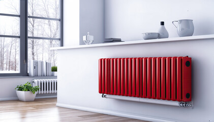  Stylish red radiator in a bright room near the window 3d rendering.