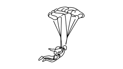 One continuous line drawing of young bravery man flying in the sky using paragliding parachute.