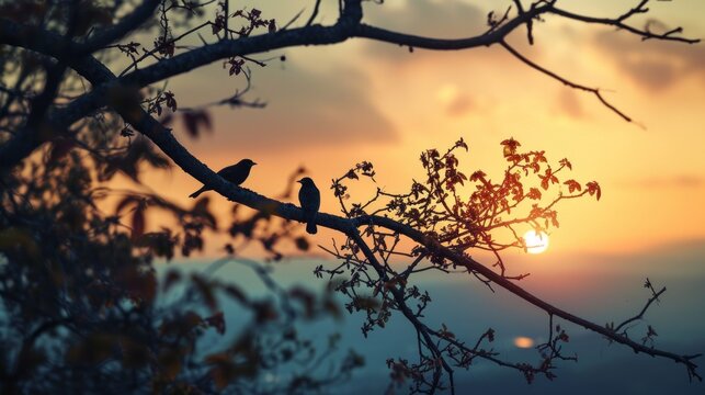Silhouettes of birds on a tree branch at sunset