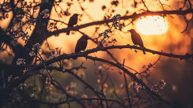 Silhouettes of crows on a tree branch at sunset