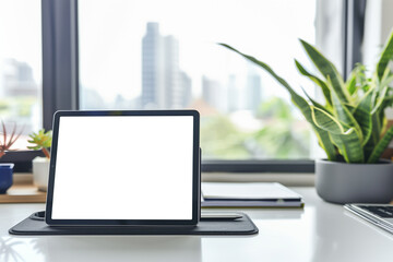 Tablet mock-up with a blank screen on a minimalist desk, surrounded by office supplies, modern and professional, ready for branding