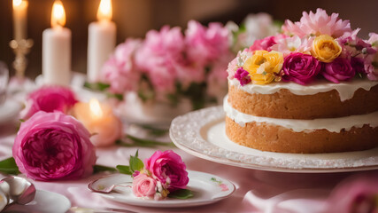 Obraz na płótnie Canvas plate of wedding cake with flowers, pink flowers everywhere, vintage look, cinematic lighting, food photography, beautiful, delicious food, recipe photography, realistic, natural light, colorful, food