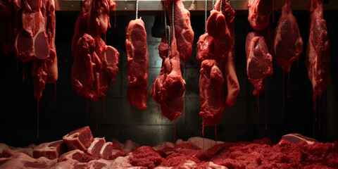 Fresh veal and beef meat hanging in the food factory Veal and beef meat hanging - obrazy, fototapety, plakaty