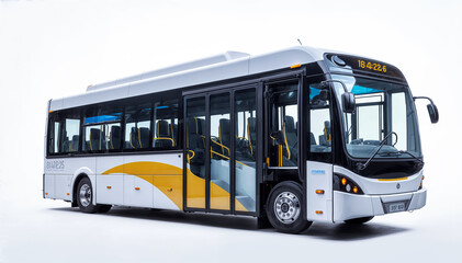  A modern, eco-friendly city bus with a futuristic design and bus is white and yellow 