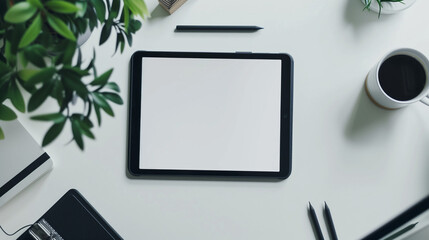 Designer workspace with a tablet mock-up, stylus and sketch pad beside, creative process and digital artistry, clean and organized