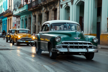 Classic cars driving down the colorful streets of Old Havana, Cuba, vibrant architecture and lively...