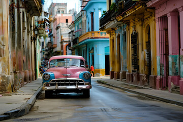 Obraz premium Classic cars driving down the colorful streets of Old Havana, Cuba, vibrant architecture and lively atmosphere, embodying the city's spirit and history