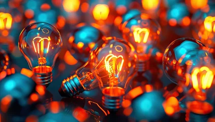 Foto op Plexiglas large huddle of glowing light bulb against dark background. AI generated illustration © 3D