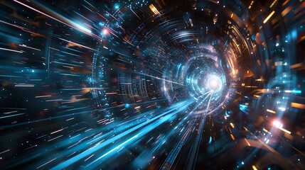 Fototapeta premium Science fiction scene with a spaceship warping through a time tunnel, streaks of light and stars, dynamic and thrilling time travel concept