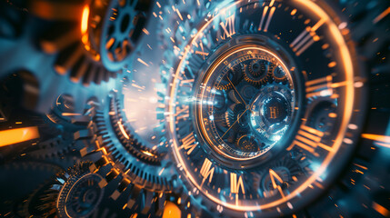 Futuristic portal opening in a science lab, clock gears floating around, concept of time travel, merging past and future technology