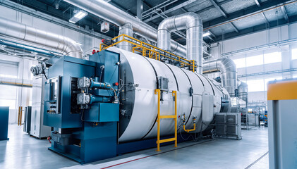  Large industrial boiler room with a lot of pipes and a large boiler in the center