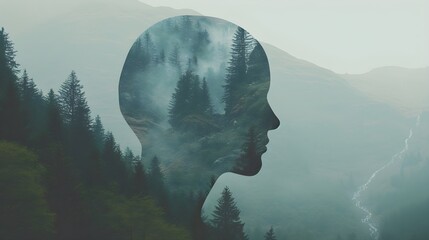 Outline of a human head containing a serene landscape background, symbolizing the concept of inner peace and mental tranquility with copy space
