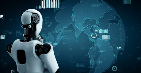 XAI 3d illustration Future financial technology controll by AI robot huminoid uses machine learning and artificial intelligence to analyze business data and give advice on investment and trading