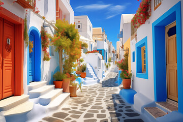 Fototapeta na wymiar Historical narrow streets of Santorini island, Greece. Bright color, sunny day, blue sky and beautiful city landscape, tourism concept