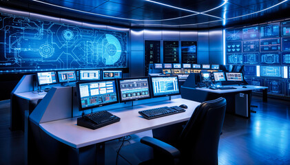  Futuristic control room interior with multiple computer workstations