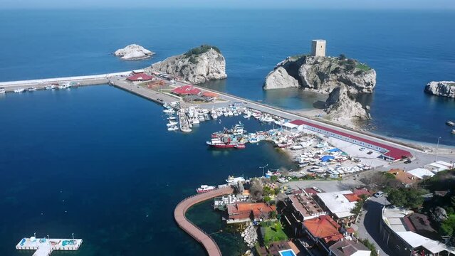 Sile, the beautiful summer town of Istanbul. Aerial of the Harbor and Piers. Sile fisher town, one of the best destinations for tourists located in the Black Sea shoreline
