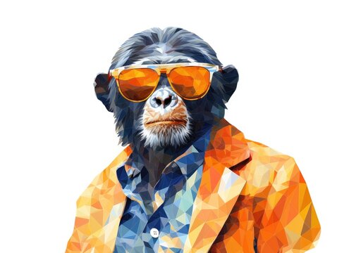 Chimpanzee in sunglasses close-up. Portrait of a chimpanzee. Anthopomorphic creature. Fictional character for advertising and marketing. Humorous character for graphic design.
