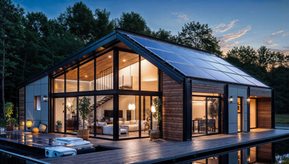  A modern house with solar panels on the roof, a hot tub on the deck, and a beautiful view of the lake.