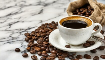 Black coffee and coffee beans on a white marble table.