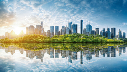 A beautiful cityscape image of a modern city with skyscrapers and a river in the foreground, reflecting the blue sky and white clouds